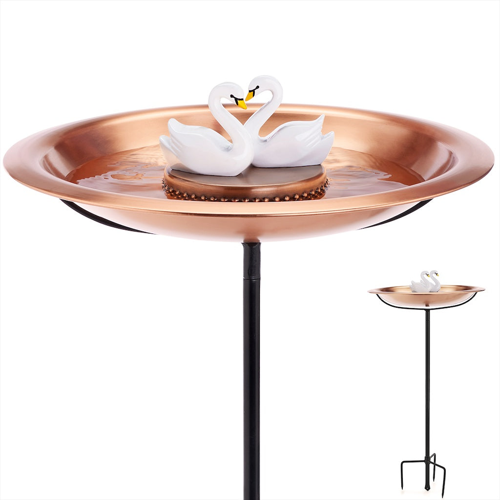 18-inch Matte Copper Bird Bath with Swans and Garden Pole