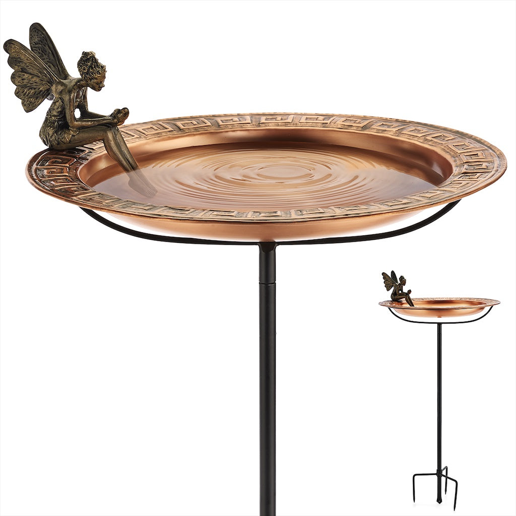 18-inch Greek Copper Bird Bath with Fairy and Garden Pole