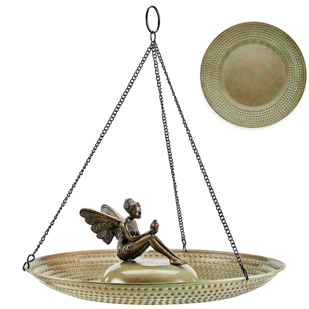 18-inch Hanging Blue Verde Copper Bird Bath with Fairy