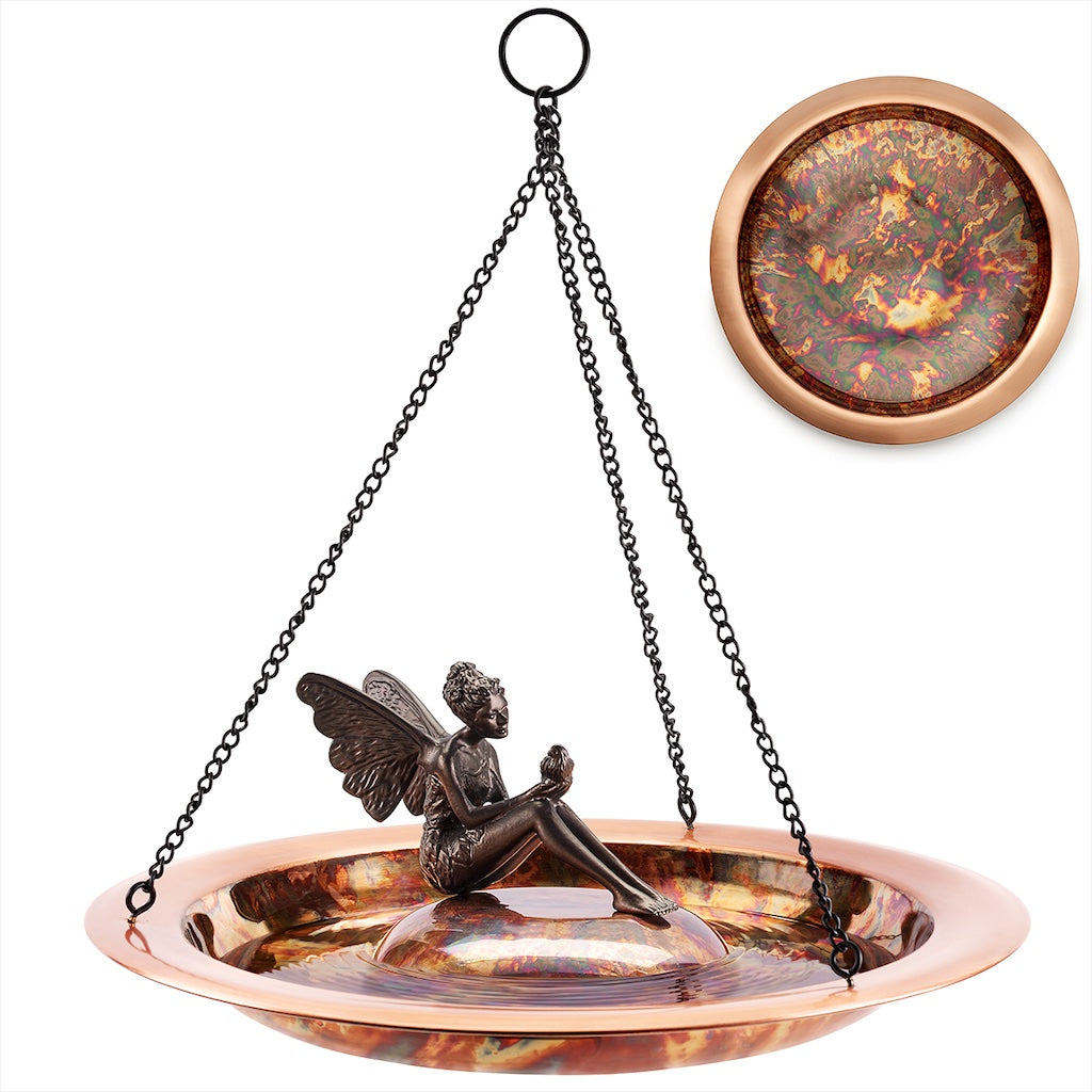18-inch Hanging Fired Copper Bird Bath with Fairy