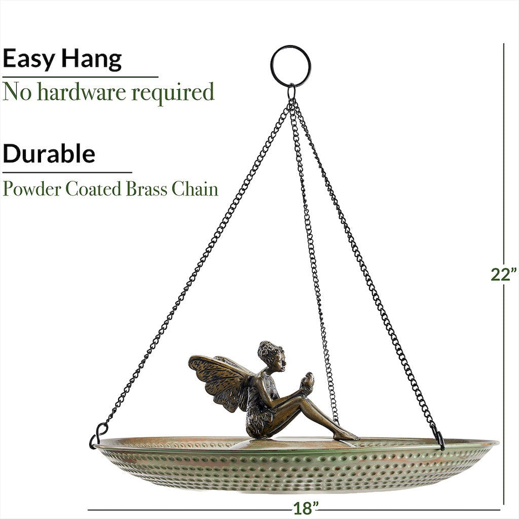 18-inch Hanging Blue Verde Copper Bird Bath with Fairy