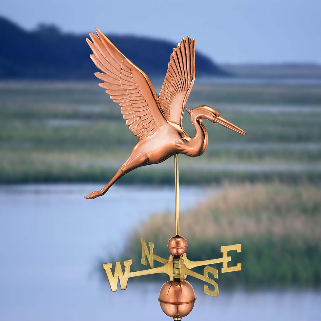 Graceful Blue Heron Weathervane in Pure Copper