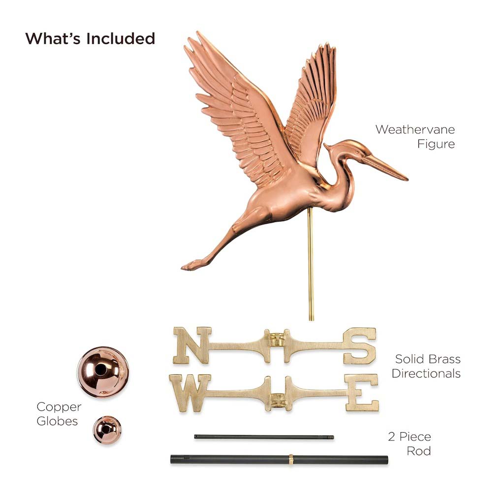 Graceful Blue Heron Weathervane in Pure Copper