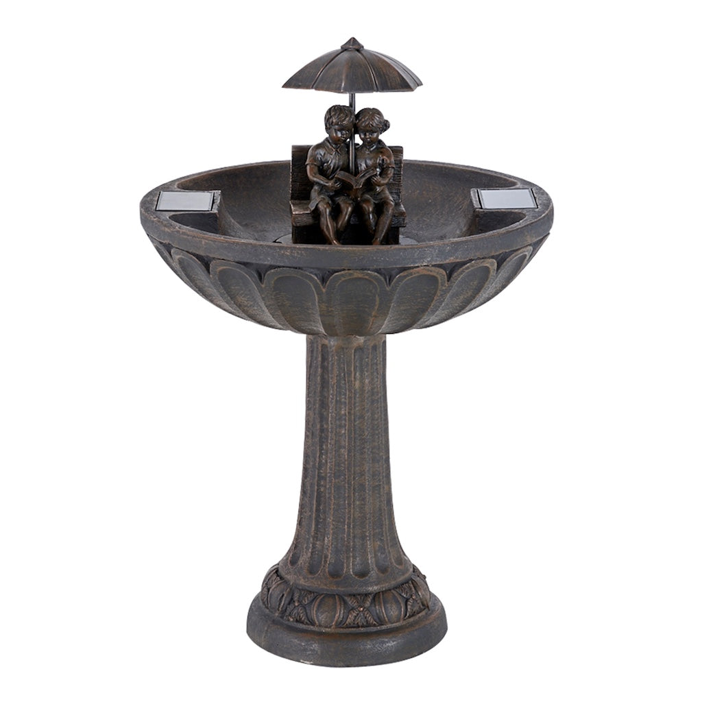 Umbrella Solar Fountain with a Boy & Girl on Bench