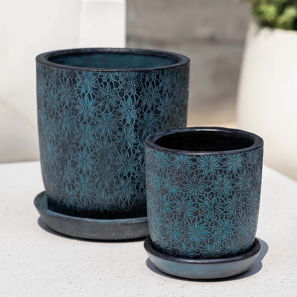 Marguerite Round Planter, Small Set of 8 Campania International Etched Blue