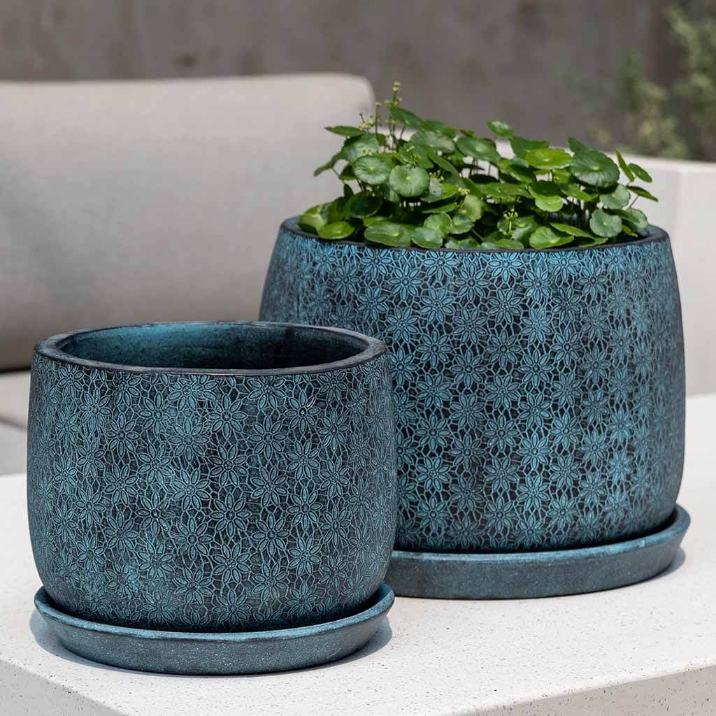 big round planter pots Campania International Marguerite Large Round Planter Etched Blue