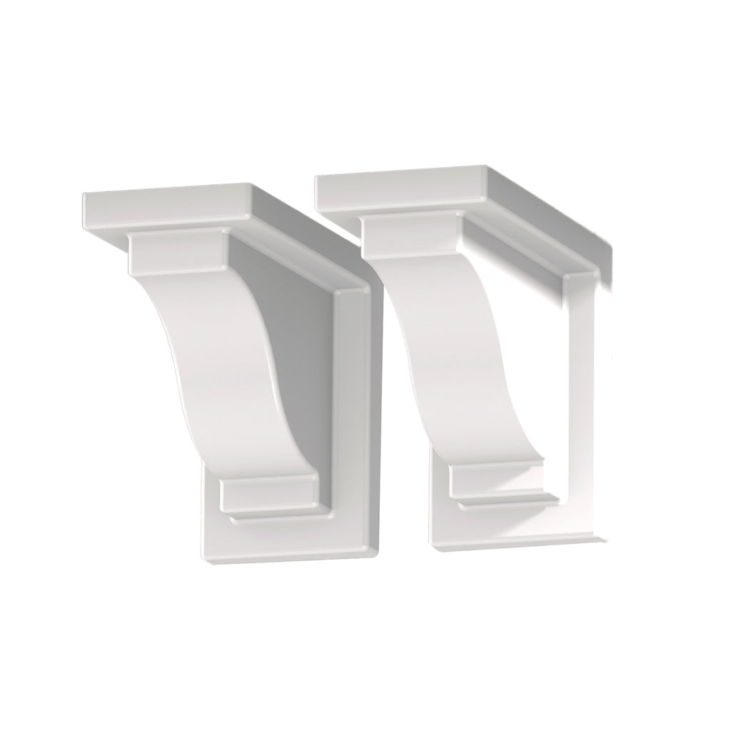 Two white architectural Yorkshire corbels on a white background