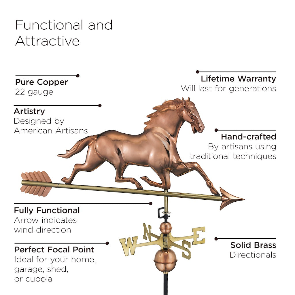 Horse Weathervane with Arrow in Pure Copper