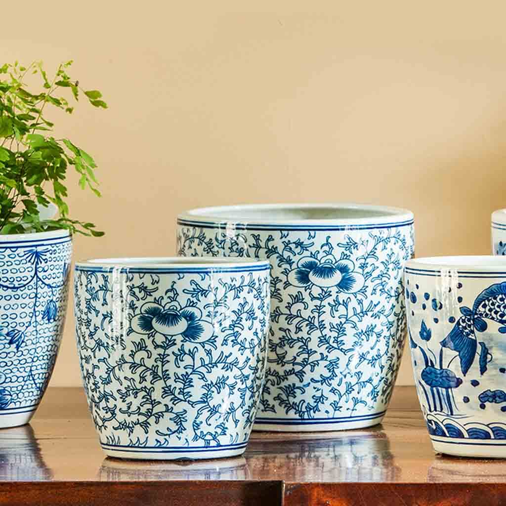 blue and white ceramic flower pots Campania International Cylindar Planter Set of 6