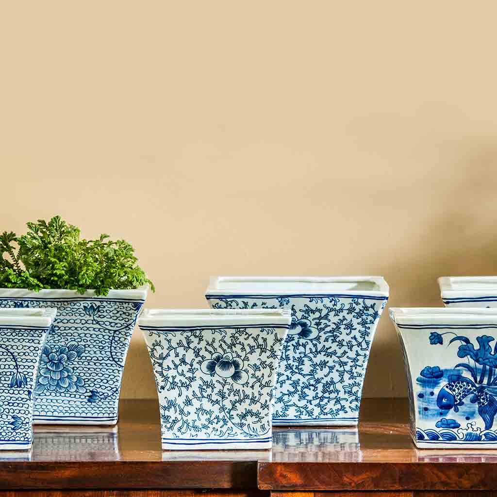 square blue glazed plant pots Square Flared Planter Campania International