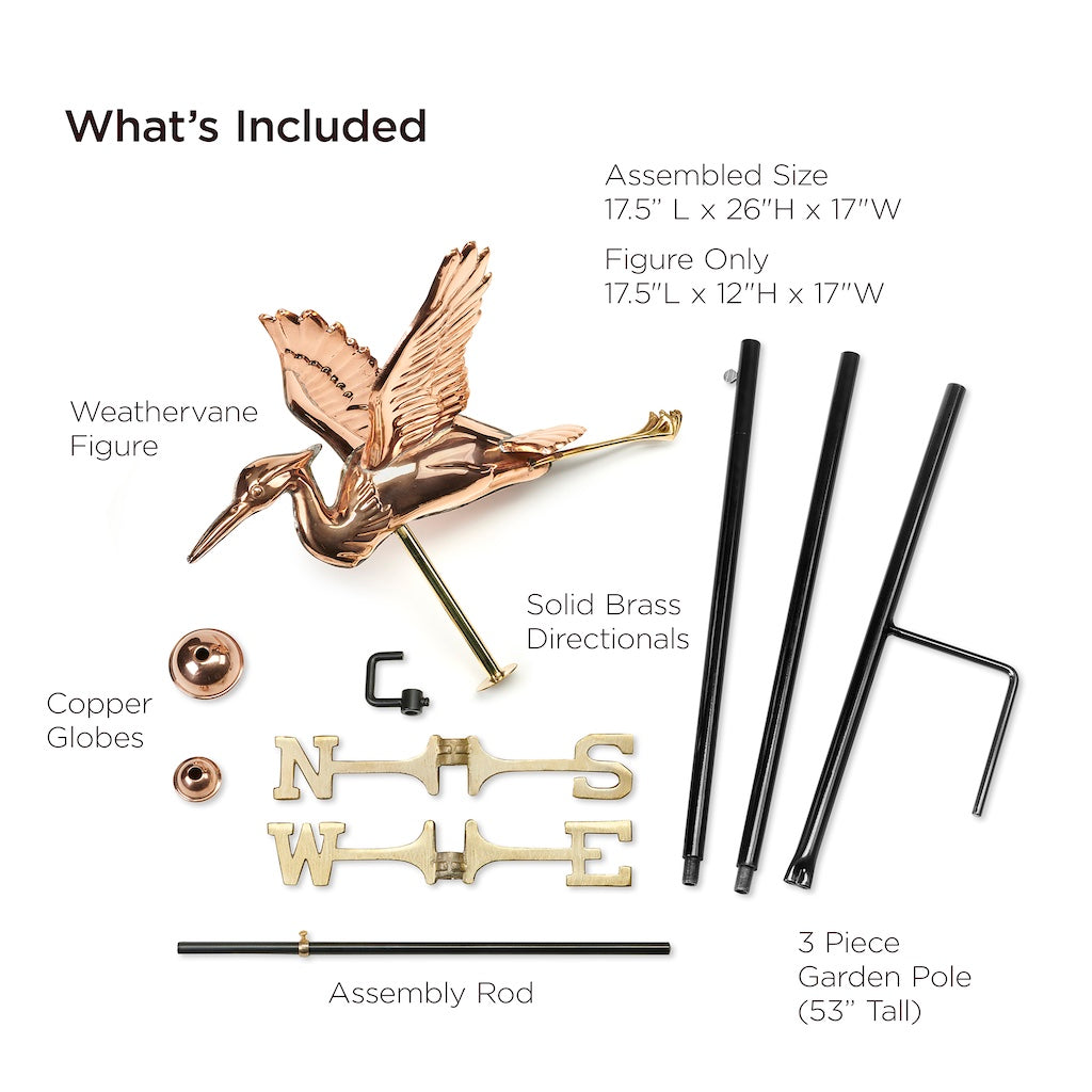 Blue Heron Garden Weathervane in Pure Copper with Garden Pole