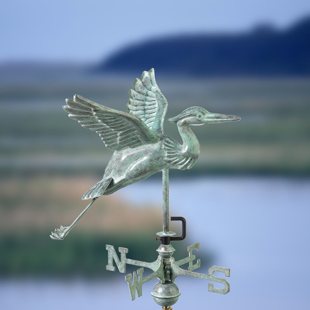 Blue Heron Garden Weathervane in Blue Verde Copper with Garden Pole