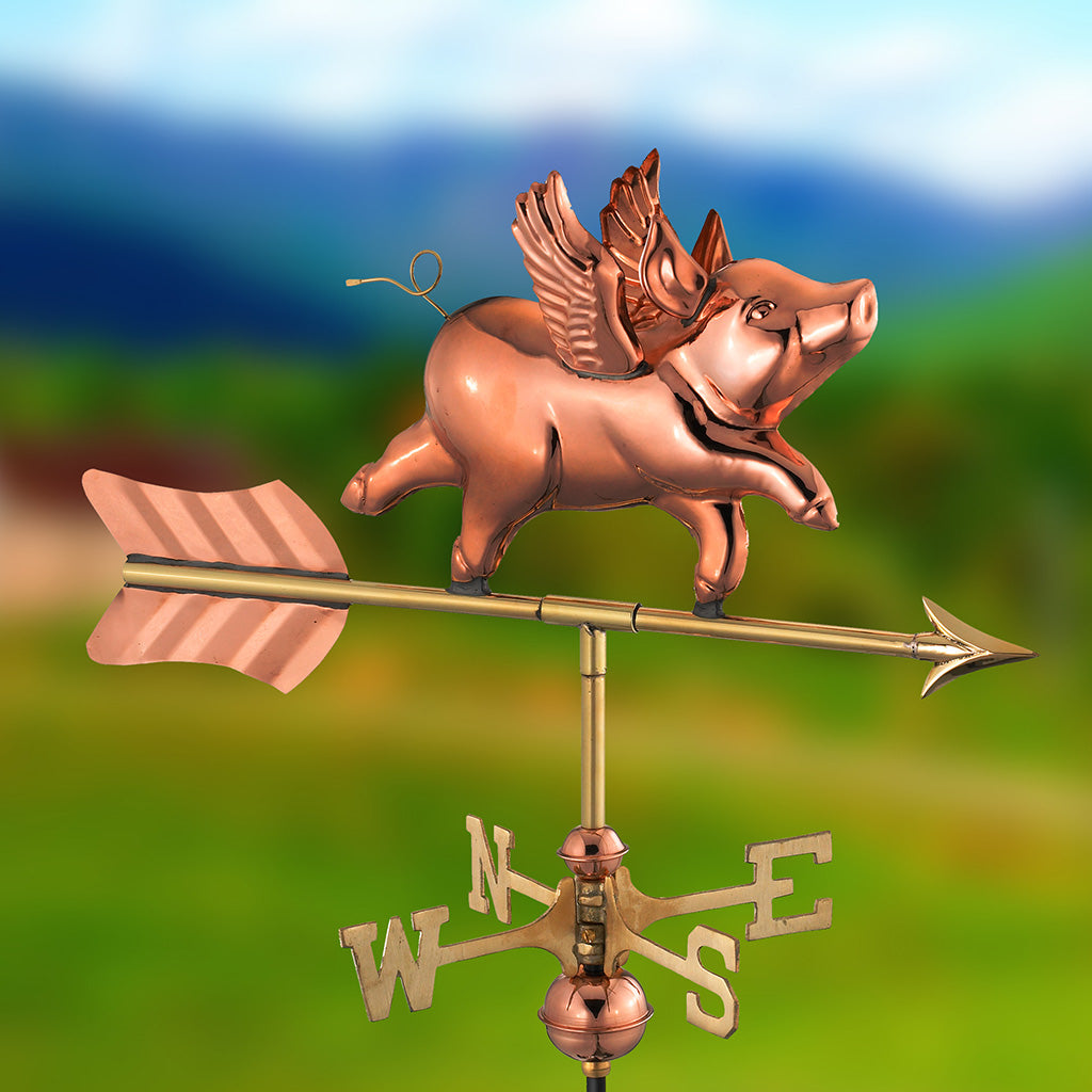 Flying Pig Garden Weathervane in Pure Copper with Garden Pole