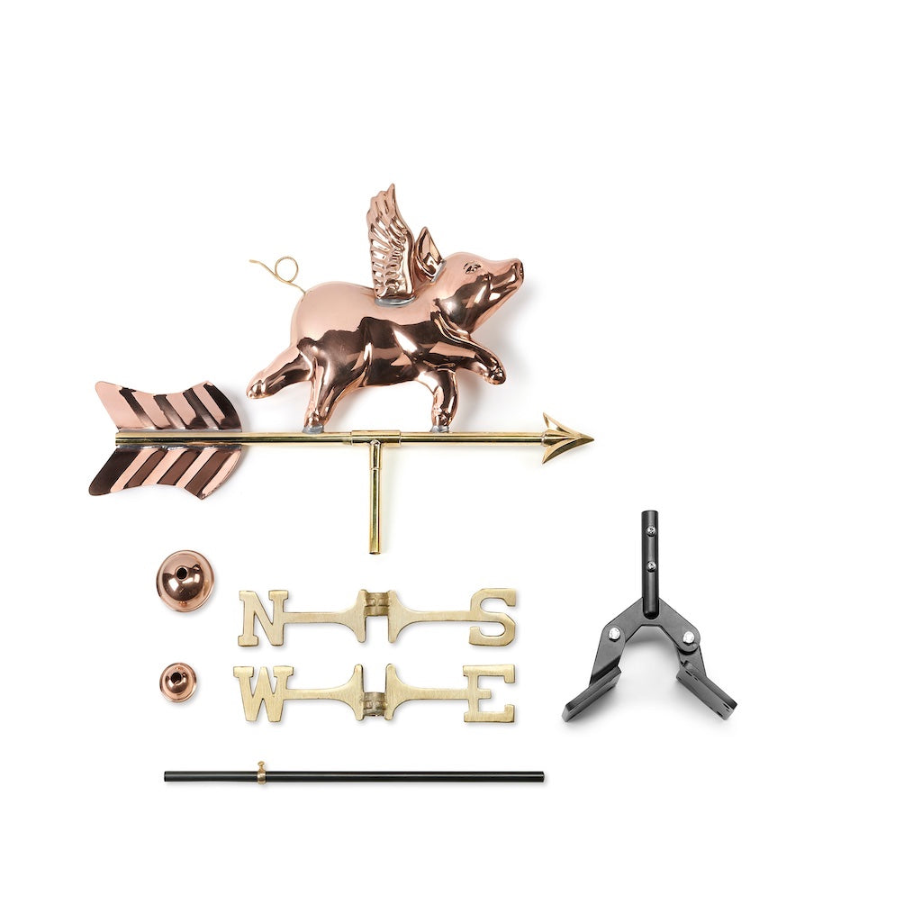 Flying Pig Cottage Weathervane in Pure Copper with Roof Mount
