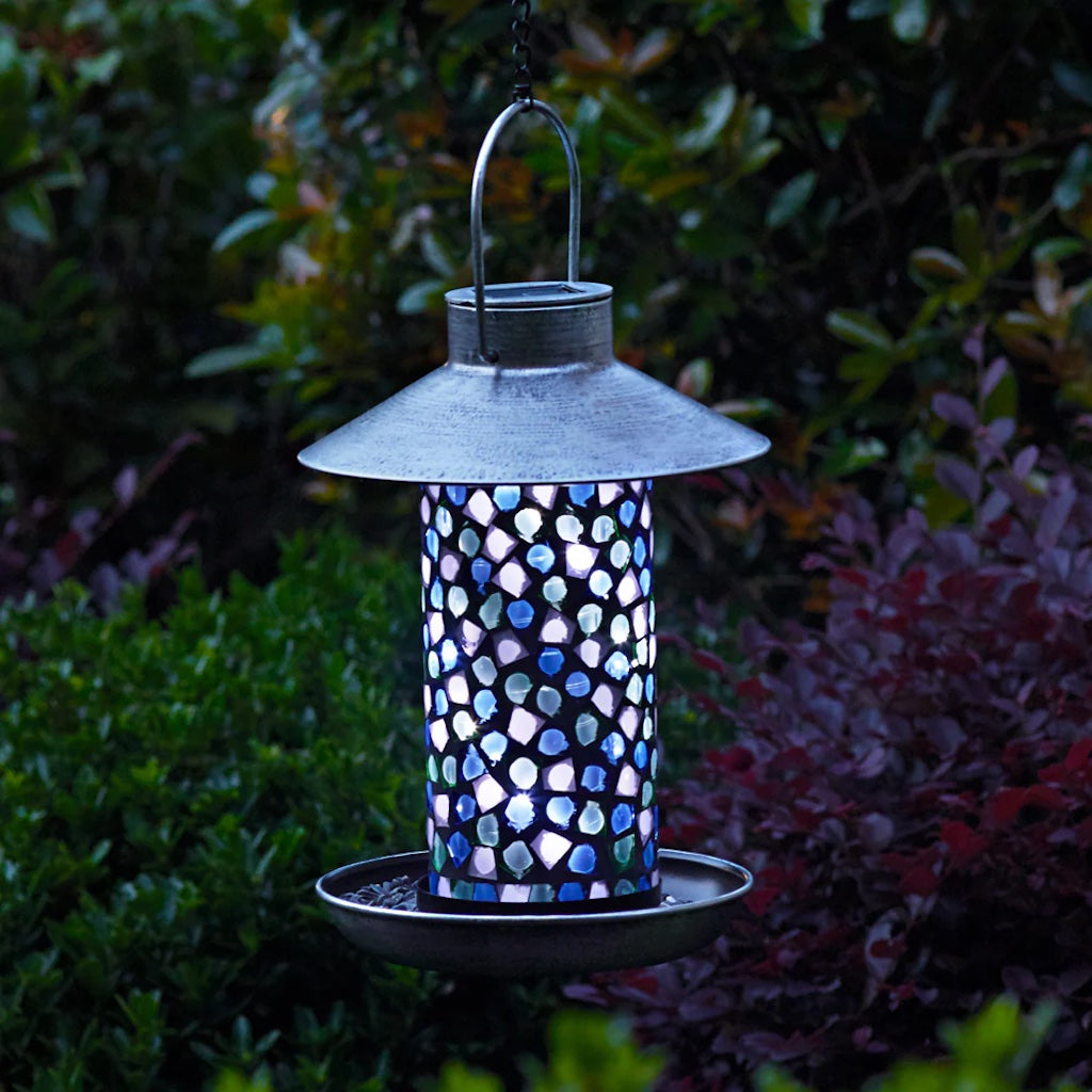 Adelie Mosaic Glass Solar Bird Feeder in Pewter