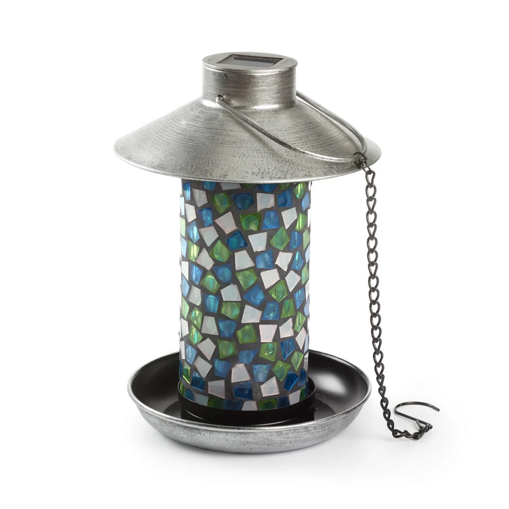 Adelie Mosaic Glass Solar Bird Feeder in Pewter