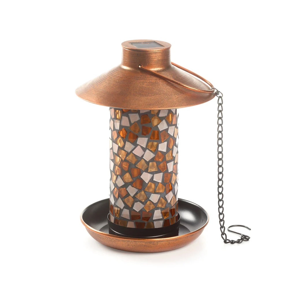 Adelie Mosaic Glass Solar Bird Feeder in Copper