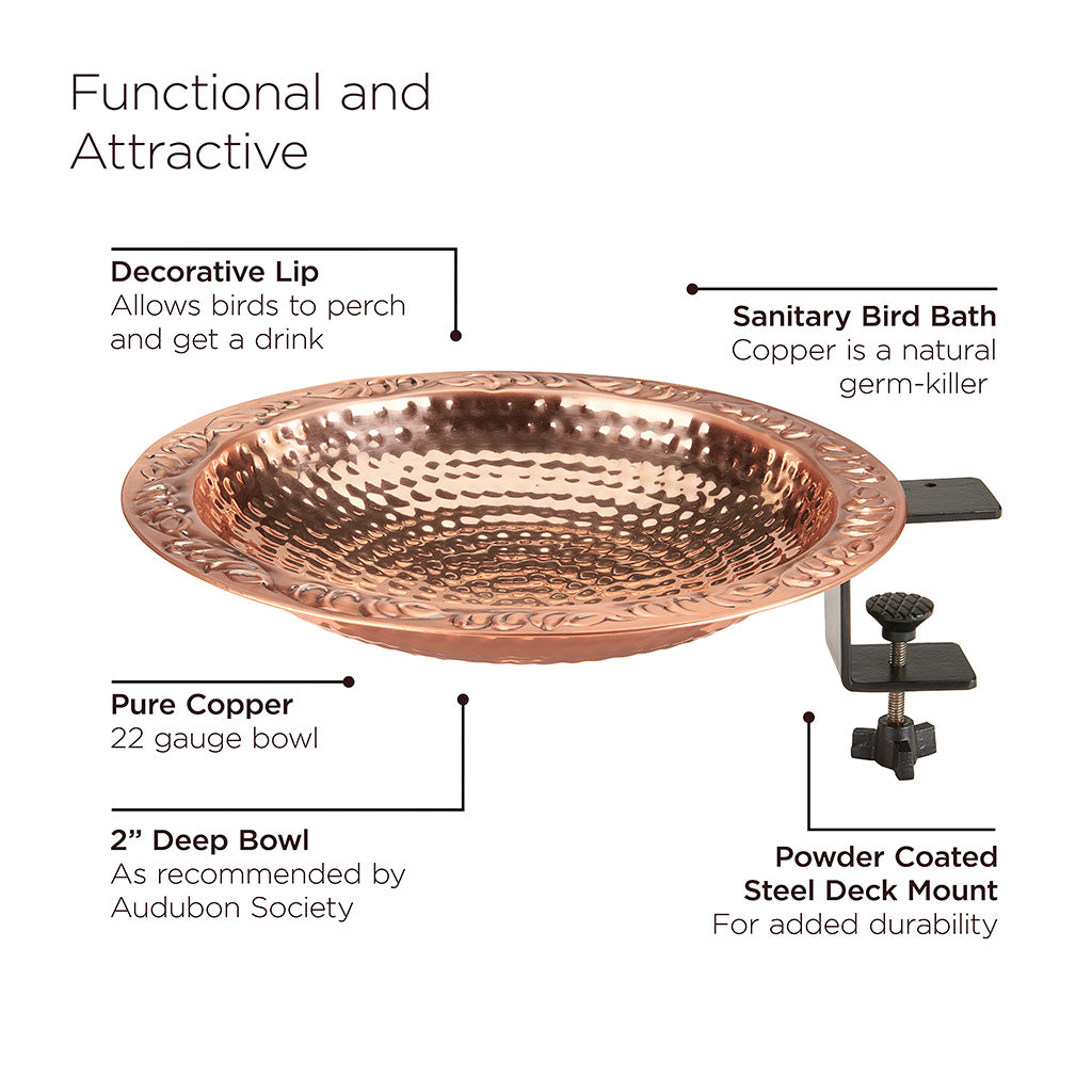 13.5-inch Copper Bird Bath with Deck Bracket