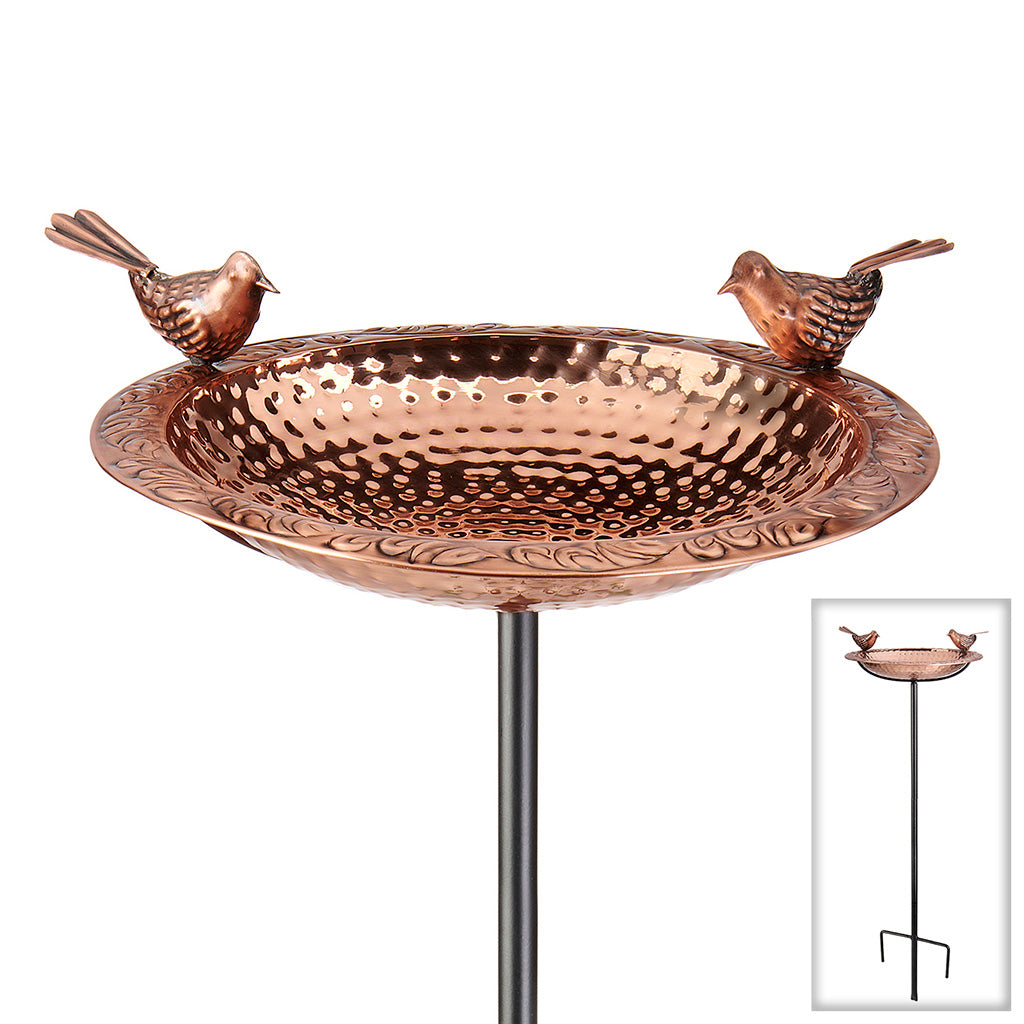 13.5-inch Copper Bird Bath with Birds on Garden Pole
