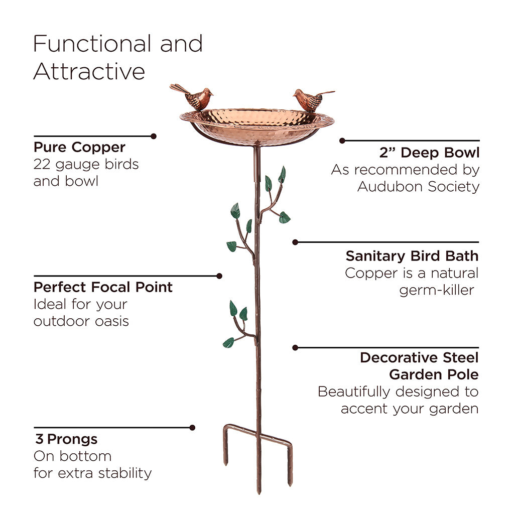 13.5-inch Copper Bird Bath with Birds on Deco Garden Pole