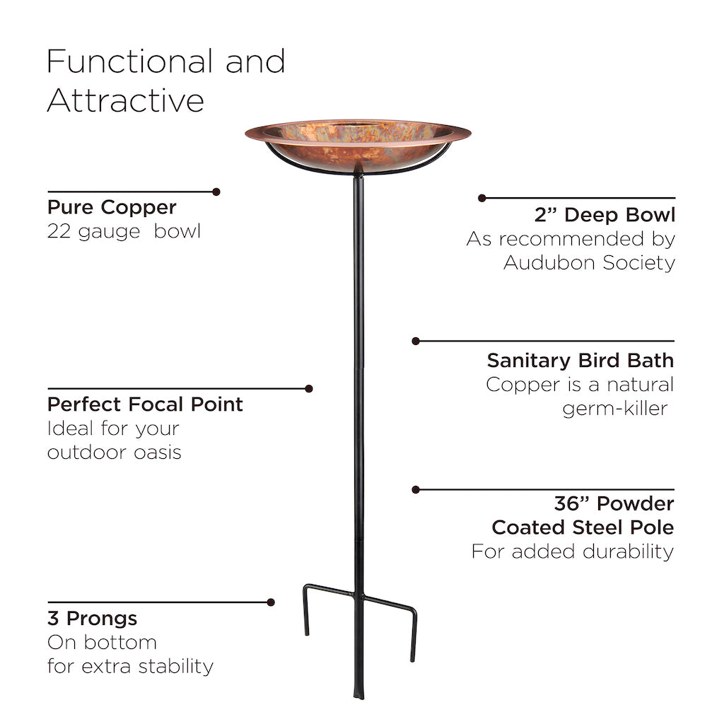13.5-inch Fired Copper Bird Bath with Garden Pole