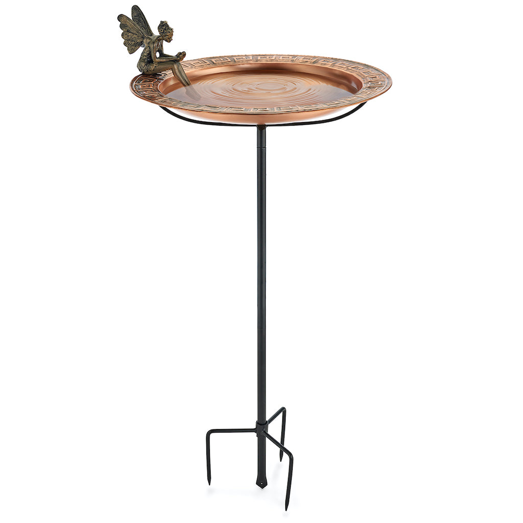 18-inch Greek Copper Bird Bath with Fairy and Garden Pole