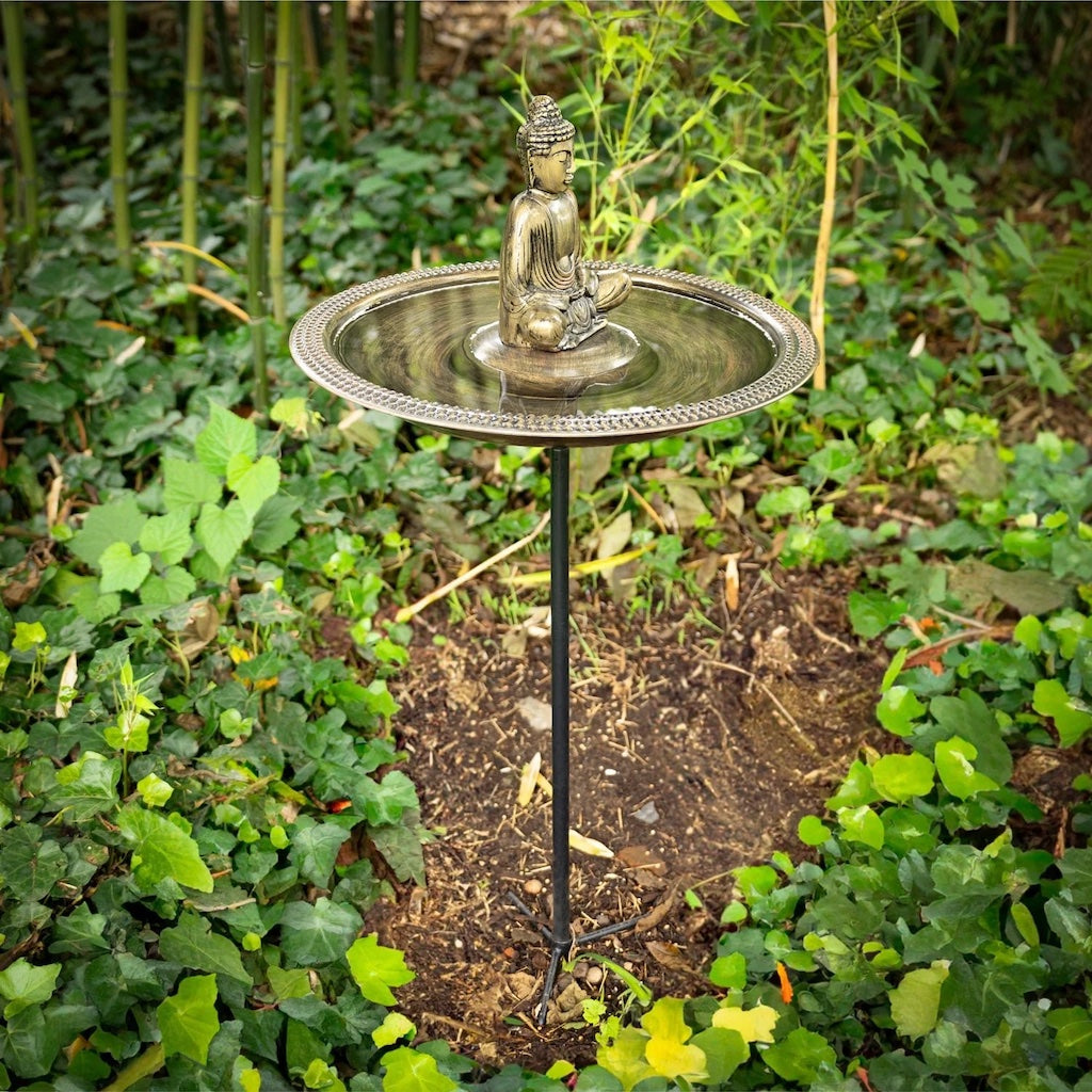 18-inch Beaded Copper Bird Bath with Buddha and Garden Pole