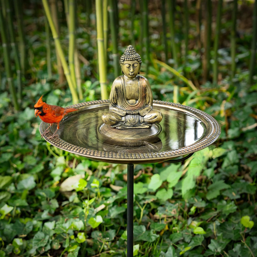 18-inch Beaded Copper Bird Bath with Buddha and Garden Pole