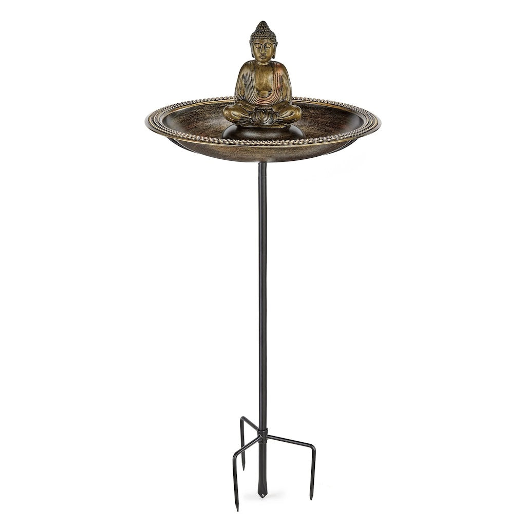18-inch Beaded Copper Bird Bath with Buddha and Garden Pole