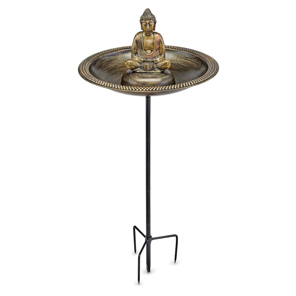 18-inch Beaded Copper Bird Bath with Buddha and Garden Pole