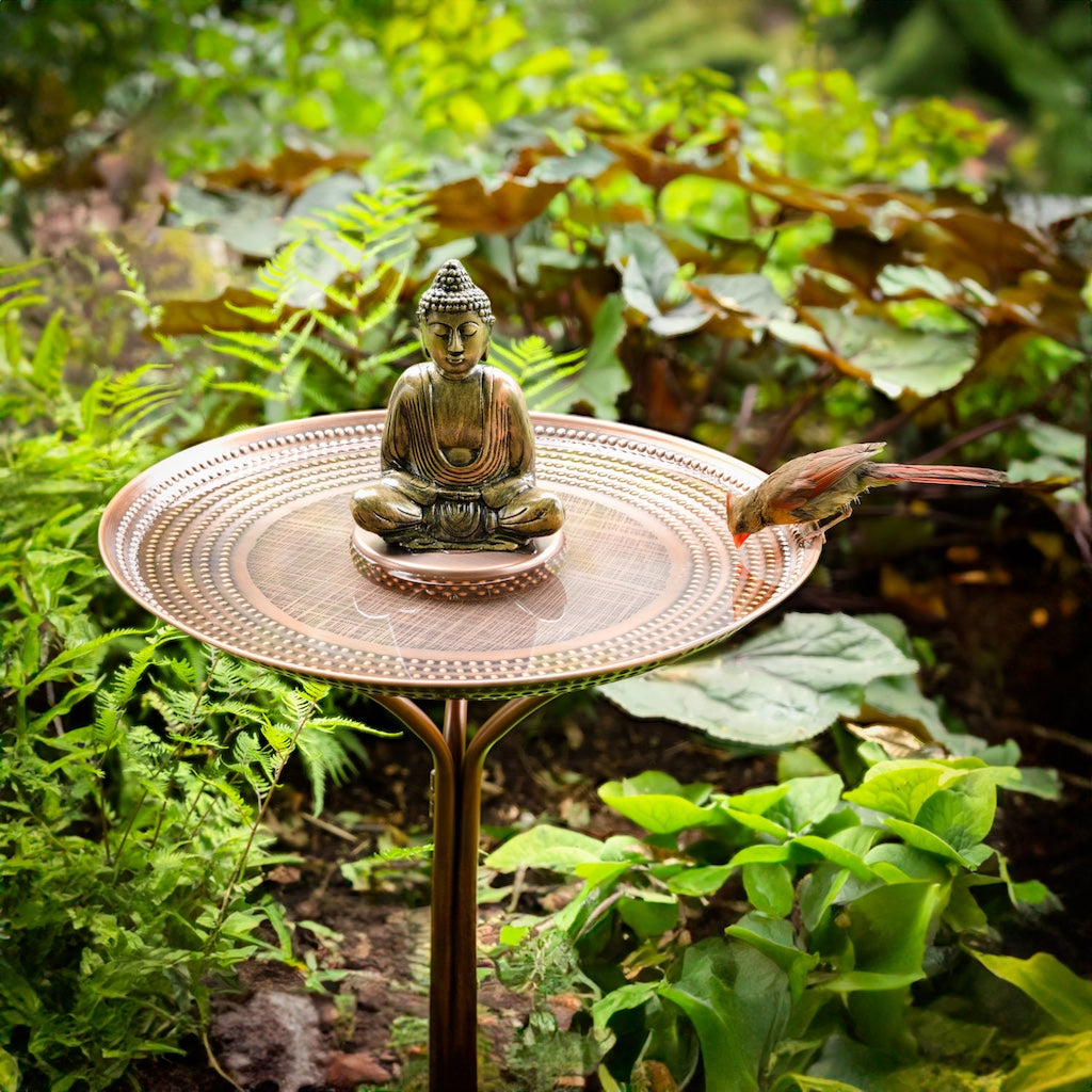 20-inch Copper Bird Bath with Buddha and Stand
