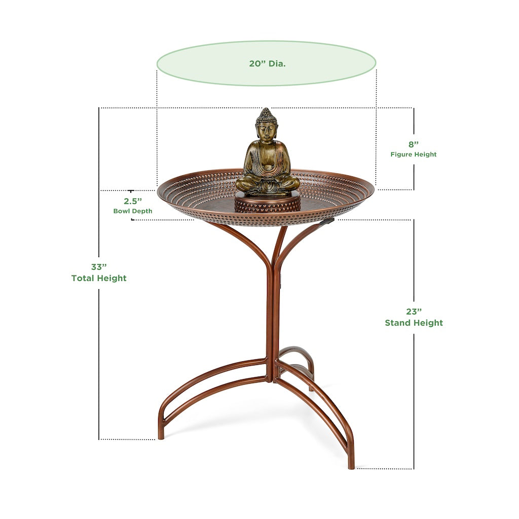 20-inch Copper Bird Bath with Buddha and Stand