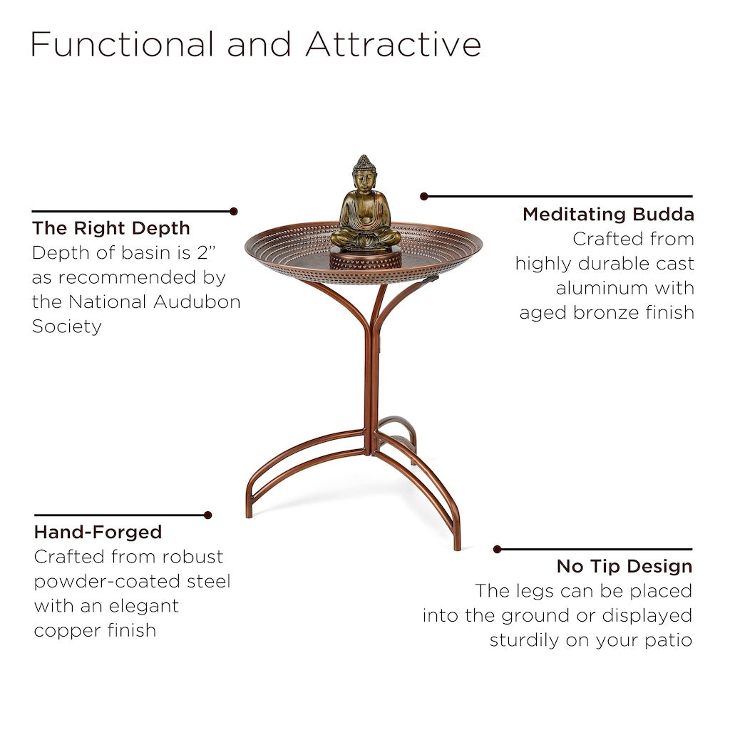 20-inch Copper Bird Bath with Buddha and Stand