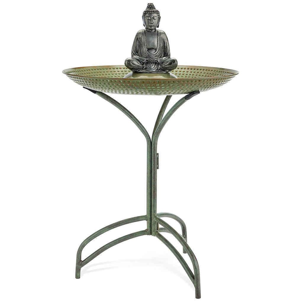 20-inch Blue Verde Copper Bird Bath with Buddha
