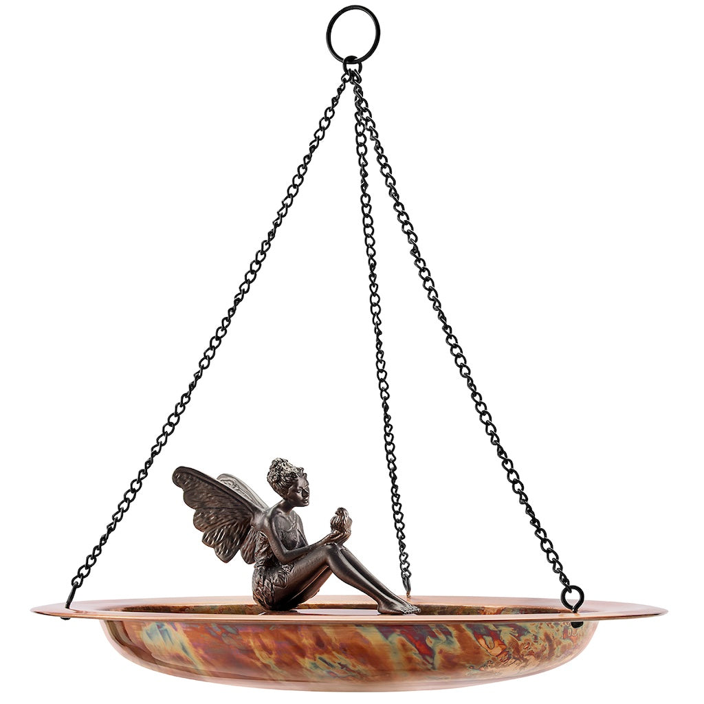 18-inch Hanging Fired Copper Bird Bath with Fairy