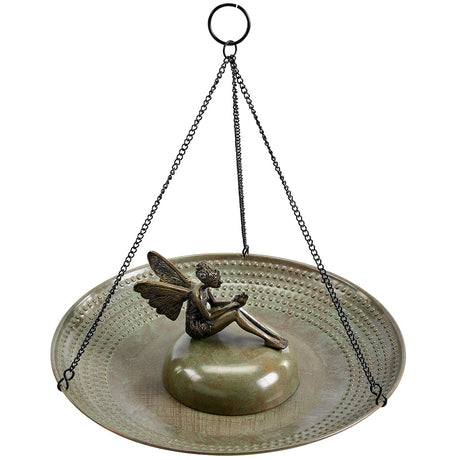 18-inch Hanging Blue Verde Copper Bird Bath with Fairy
