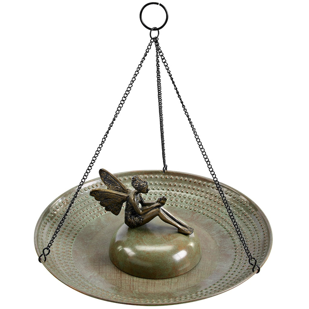 18-inch Hanging Blue Verde Copper Bird Bath with Fairy