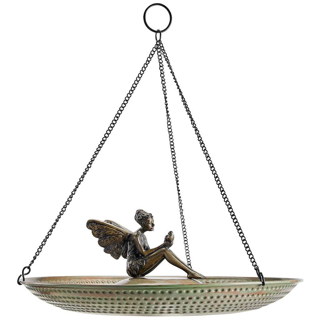 18-inch Hanging Blue Verde Copper Bird Bath with Fairy