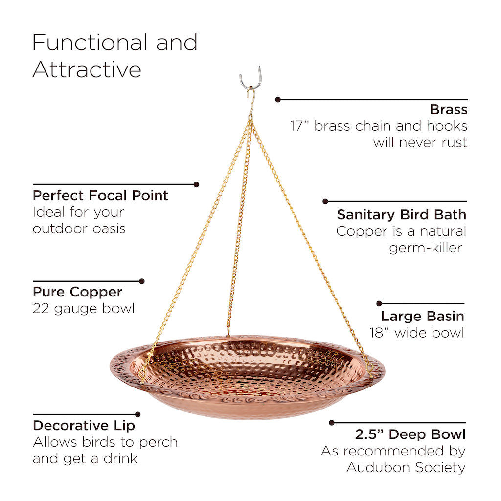 18-inch Hanging Pure Copper Birdbath
