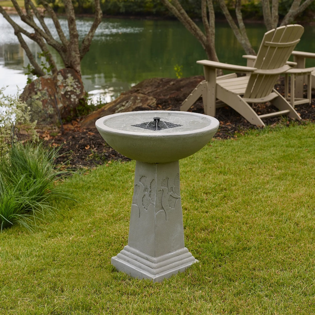 Gingko Birdbath Fountain with Remote in Weathered Stone