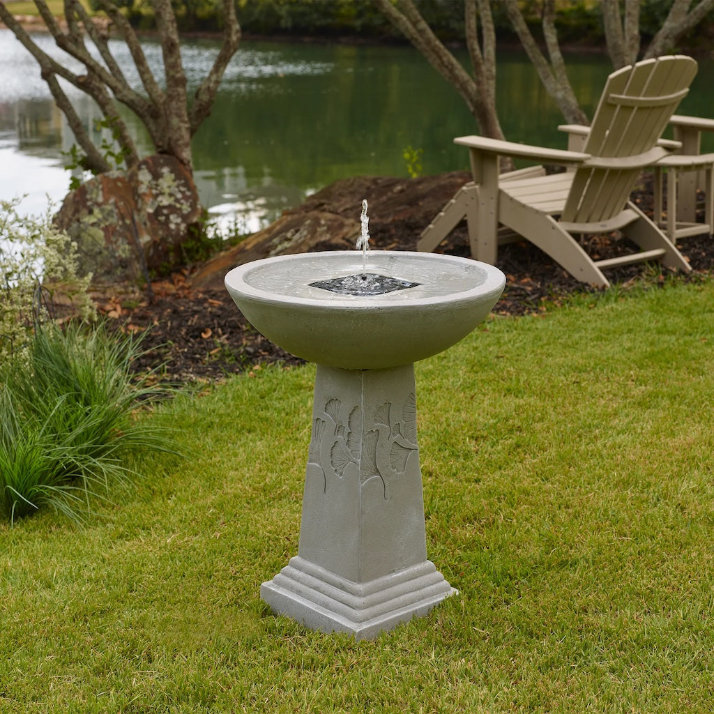 Gingko Birdbath Fountain with Remote in Weathered Stone